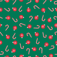 X'mas things seamless pattern gift wrap paper. Candy cane, snowflake ball. Green rectangle background. Flat style. 