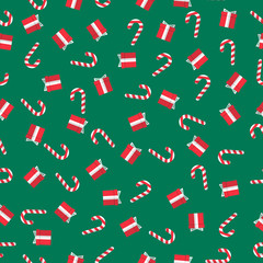 X'mas things seamless pattern gift wrap paper. Candy cane, gift box. Green rectangle background. Flat style. 