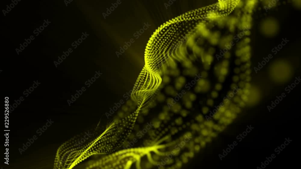 Poster plane of yellow particles slowly oscillates against a black background. abstract animation. 3d rende