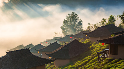 Ban Rak Thai Village,  Mae Hong Son province Northern Thailand. (Chinese characters at red lantern...