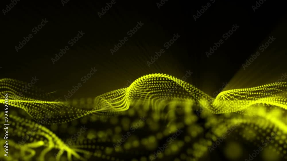 Poster plane of yellow particles slowly oscillates against a black background. abstract animation. 3d rende