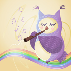 owl play the flute on the rainbow, musical notes fly around her