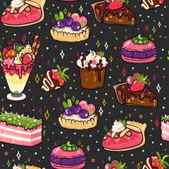 Various tasty desserts. Hand drawn colored vector seamless pattern. Black background