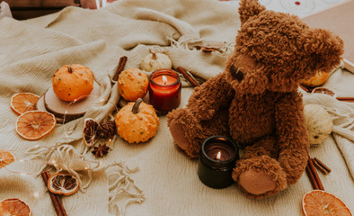 Autumn composition. Pumpkins, bear, candles, dried leaves on cozy background. Autumn, fall, halloween concept.top view, copy space