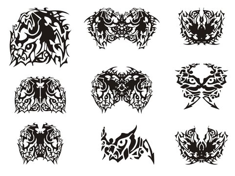Monster horse symbol and butterflies created from it. Flaming abstract ethnic butterfly wings in black and white tones for your design