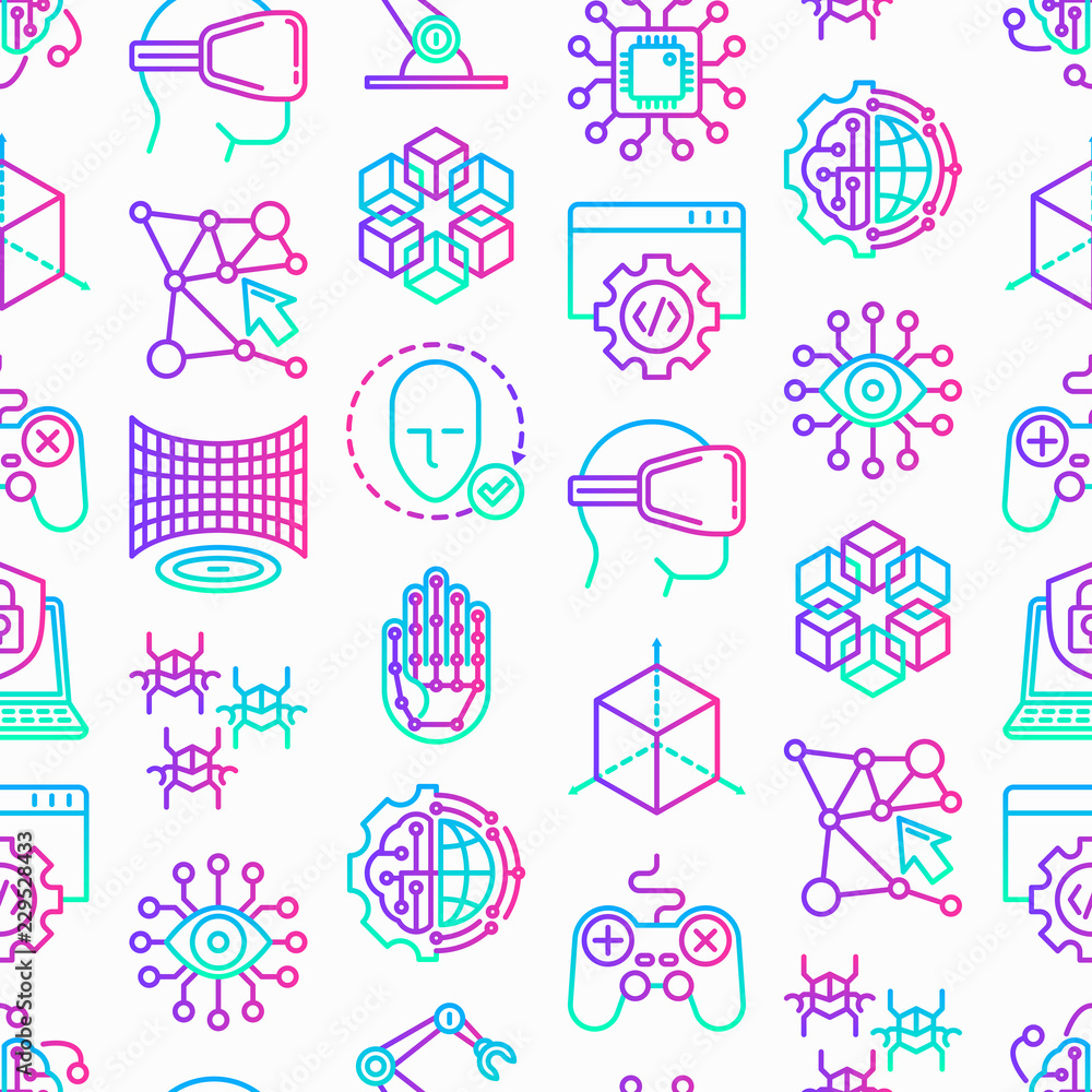 Aufkleber cyber technology seamless pattern with thin line icons: ai, virtual reality glasses, bionics, roboti