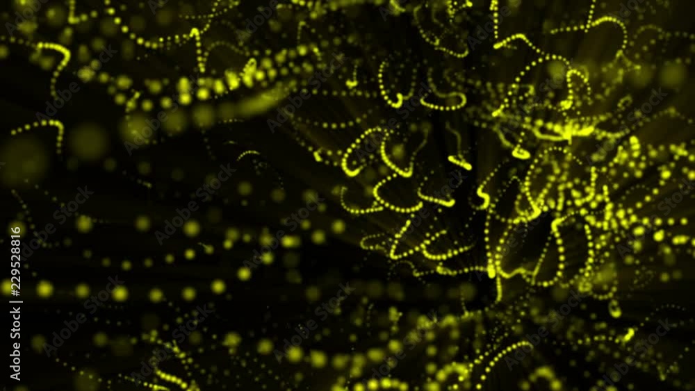 Poster plane of yellow particles slowly oscillates against a black background. abstract animation. 3d rende