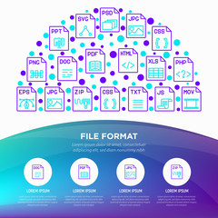 File formats concept in half circle with thin line icons: doc, pdf, php, html, jpg, png, txt, mov, eps, zip, css, js. Modern vector illustration, web page template.