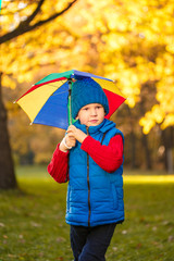 Child in autumn park. Happy adorable boy with fall leaves. The concept of childhood, family and kid laughs outdoors. 
