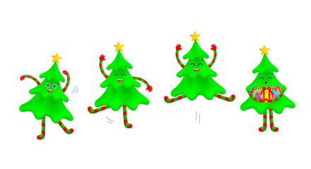 Cute Christmas tree cartoon characters design. Merry Christmas and Happy New Year. Illustration isolated on white background.