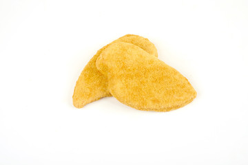 fried chicken breast on white background, photo in studio