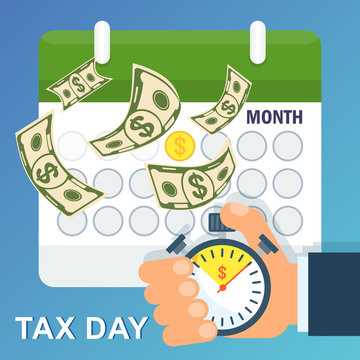 Tax day concept. Seconds before paying your bills. A hand is holding a stopwatch with a picture of a dollar. Timely payments and financial stability. Flat vector illustration on blue background.
