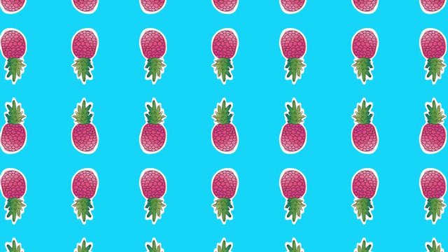 Pineapple gradient stickers pattern animation. Tropical fruit characters stickers in motion. Tropical summer fruits animation on color background. Retro stylish texture of summer fruits. stock footage