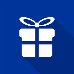 White gift box icon with long shadow on blue background. Vector Illustration EPS 10