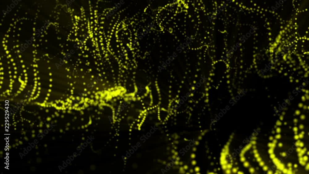 Poster plane of yellow particles slowly oscillates against a black background. abstract animation. 3d rende