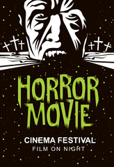 Fototapeta premium Vector poster for a horror movie festival with a head of a creepy zombie in the graveyard on a moonlit night. Scary cinema. Horror film night. Can be used for advertising, banner, flyer, web design