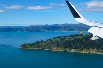Fototapeta na wymiar Aerial view of part of Wellington, Point Halswell on the Miramar Peninsula, taken from a commercial airplane