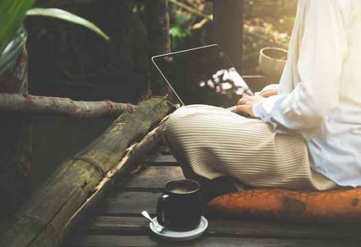 Young Asia Muslim Woman Work Out Office Chill On Green Nature Park Concept For Female Entrepreneur Job On Chic Workplace, Financial Freedom, Mature Student Use Internet In University College For Meet.