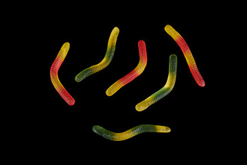 gummy jelly worm candy on a black background.