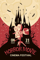 Fototapeta premium Vector poster for a festival of horror movie with an old film projector and creepy Gothic castle on a cemetery at the moonlit night. Scary cinema. Can be used for ad, banner, flyer, web design