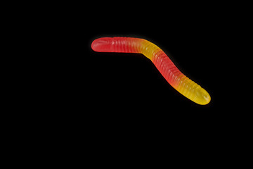 gummy jelly worm candy on a black background.