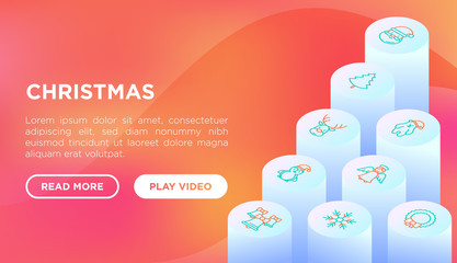 Christmas concept with thin line isometric icons: Santa Claus, snowflake, reindeer, wreath, bells, polar bear in hat, angel, penguin. Vector illustration, web page template on gradient background.