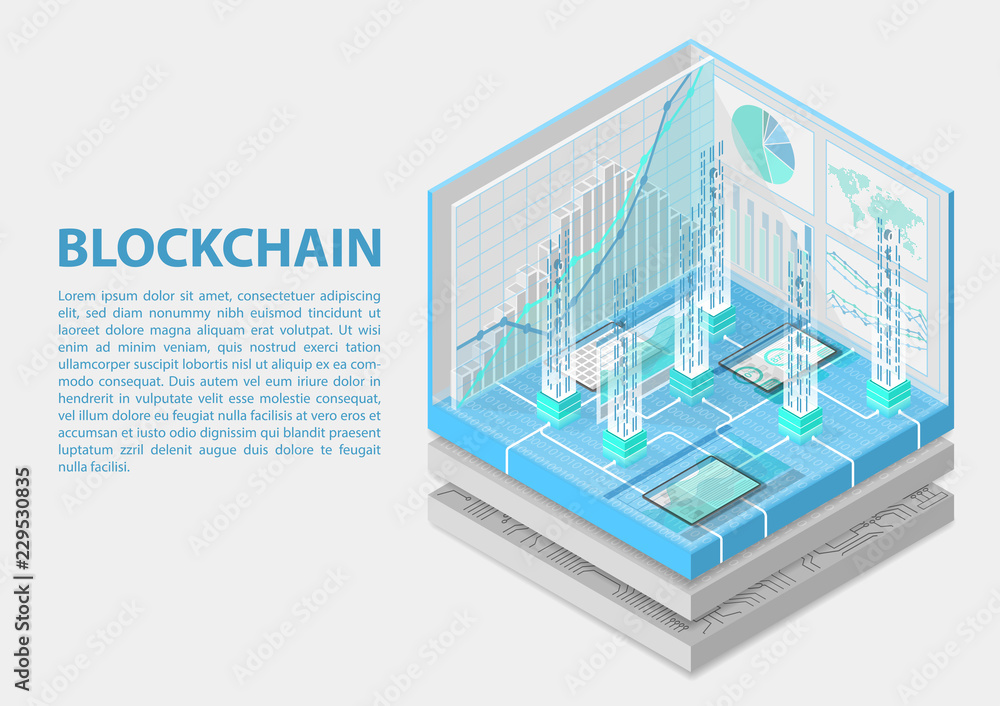 Poster blockchain isometric vector illustration. abstract 3d infographic for blockchain related topics