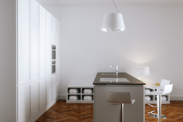 White kitchen interior with white furniture and wooden floor 3d render