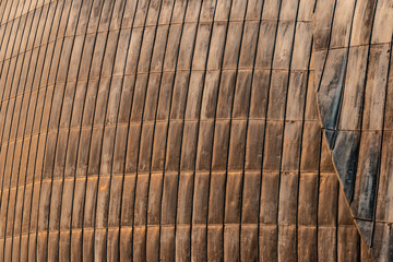 Details of rusty steel structural sheets, used for external roofing surface in organic architectural design. Surface with zinc traces, contemporary architecture for public events, arty place.