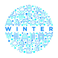 Winter concept in circle with thin line icons: fireplace, skates, mittens, snowflake, scarf, snowman, pullover, rocking chair, skiing, icicle, snowfall. Vector illustration, print media template.