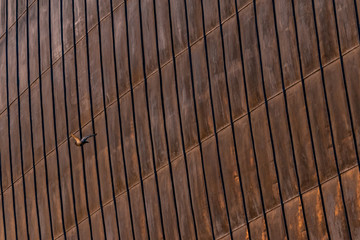 Details of rusty steel structural sheets, used for external roofing surface in organic architectural design. Surface with zinc traces, contemporary architecture for public events, arty place.
