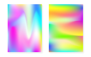 Hologram gradient background set with holographic cover. 90s, 80s retro style. Iridescent graphic template for placard, presentation, banner, brochure. Rainbow minimal hologram gradient.