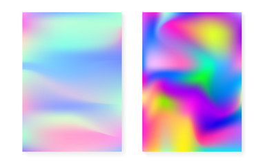 Hologram gradient background set with holographic cover. 90s, 80s retro style. Iridescent graphic template for flyer, poster, banner, mobile app. Multicolor minimal hologram gradient.