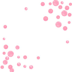 Pink glitter confetti with dots on isolated backdrop. Sequins with metallic shimmer and sparkles. Design with pink glitter confetti for party invitation, banner, greeting card, bridal shower.