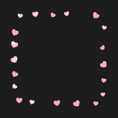 Wedding glitter confetti with hearts on isolated back. Shiny falling sequins with shimmer and sparkles. Design with pink wedding glitter for party invitation, event banner, flyer, birthday card.