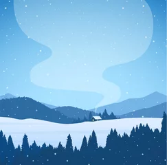 Poster Vektorillustration: Schneebedeckte Gebirgslandschaft der Winterkarikatur mit Wald, Haus und Rauch vom Schornstein © deniskrivoy