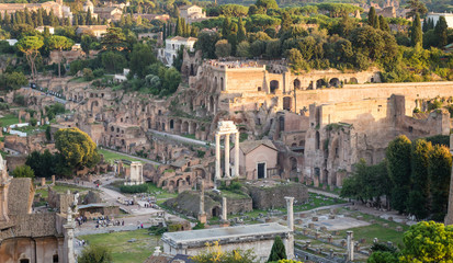 Fototapeta na wymiar High Angle View of the ruins of the forum romanum in Rome, Italy
