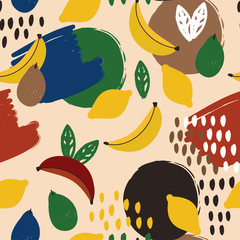 Colored abstract shapes and fruits. Vector seamless pattern. Beige background