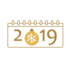 Calendar Happy New Year 2019. Number isolated on white background. Golden template cover. Christmas ball, snowflake. Flat gold design for banner, decoration, holiday celebration. Vector illustration