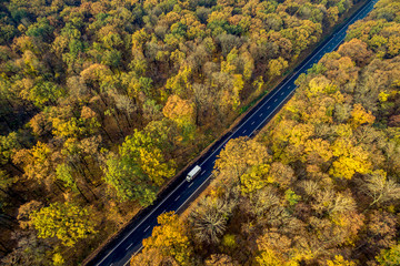 White trucks driving on asphalt road along the autumn forest. Road seen from the air. Aerial view landscape. shooting from a drone 