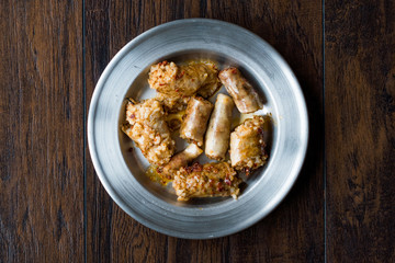 Turkish Food Minced Meat and Rice Stuffed Sheep Bowel Mumbar Dolma