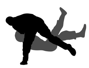 Self defense battle vector silhouette. Man fighting against aggressor with knife or gun, demonstration in real situation. Combat for life against terrorist. Army skill in action. Policeman arrest