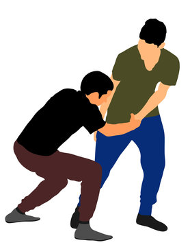 Two boys fighting vector illustration. Two young brothers fight vector illustration. Angry kid terror. Street hitting and punching after school. Bully abused neighbor kid. Child problematic behavior. 