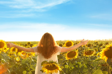Beautiful redhead woman in sunflower field on sunny day