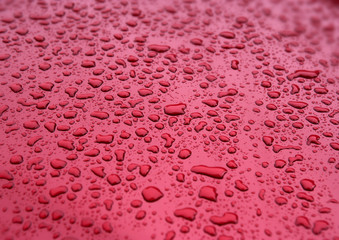 WATER DROPLETS ON RED SURFACE