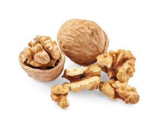 Tasty walnuts on white background