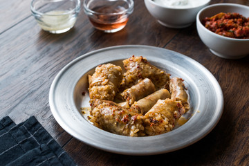 Turkish Food Minced Meat and Rice Stuffed Sheep Bowel Mumbar Dolma