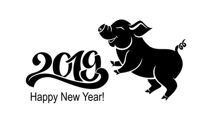Pig is a symbol of the 2019 Chinese year. Greeting card, poster. Vector illustration. Eps 10