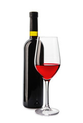 Glass and bottle with tasty wine on white background