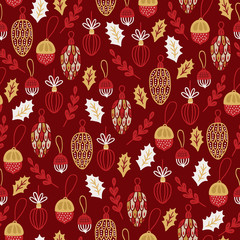 Christmas seamless pattern with holly leaves, branches, acorns, cones